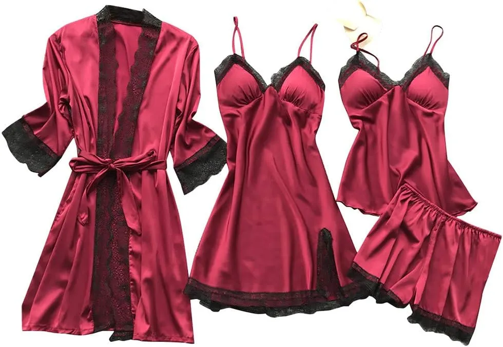 JiXiang Sleepwear for Women Pajama Set 4 Piece Sexy Silk Satin Pajamas Set Lingerie Floral Lace Cami Sleepwear with Robe