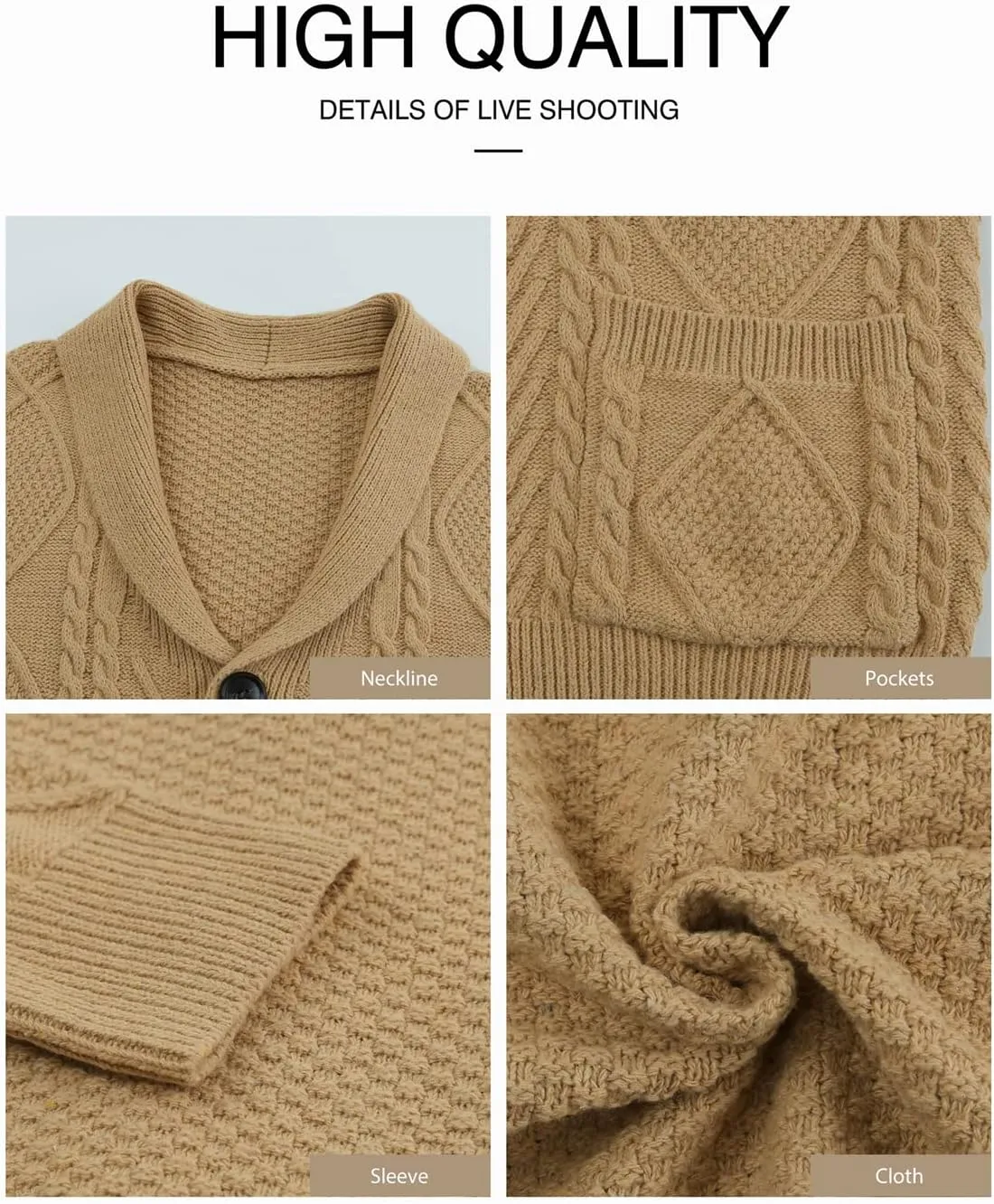 JMIERR Men's Casual Long Sleeve Shawl Collar Buttons Down Cable Knit Cardigan Sweater with Pockets