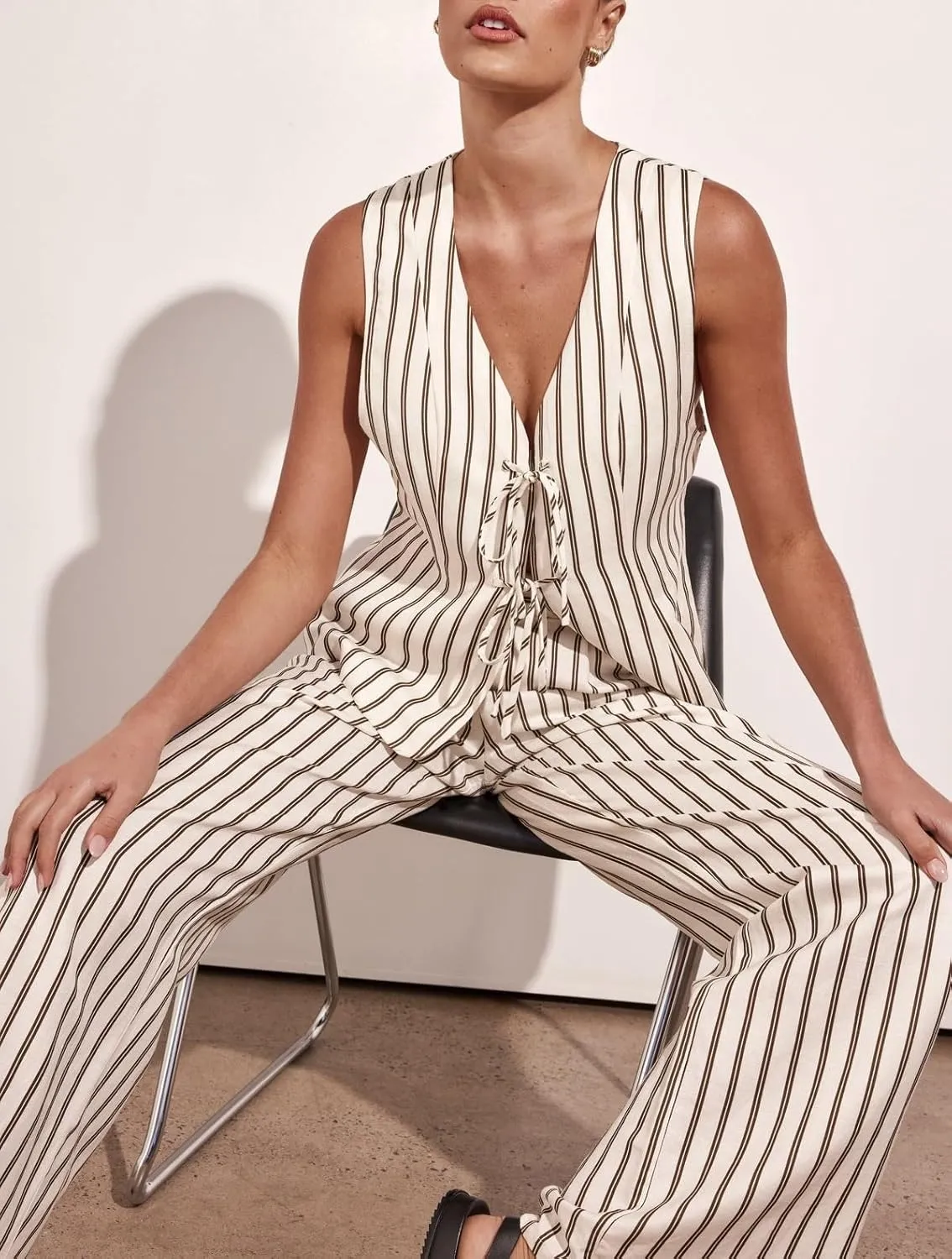 Juakoso Women 2 Piece Tie Front Pants Set Y2k V Neck Sleeveless Vest High Waist Wide Leg Pants Striped Lounge Outfit