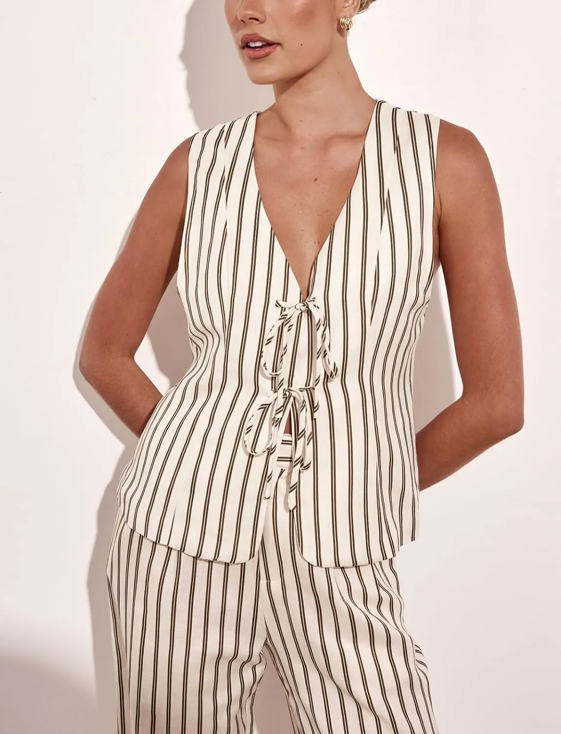 Juakoso Women 2 Piece Tie Front Pants Set Y2k V Neck Sleeveless Vest High Waist Wide Leg Pants Striped Lounge Outfit