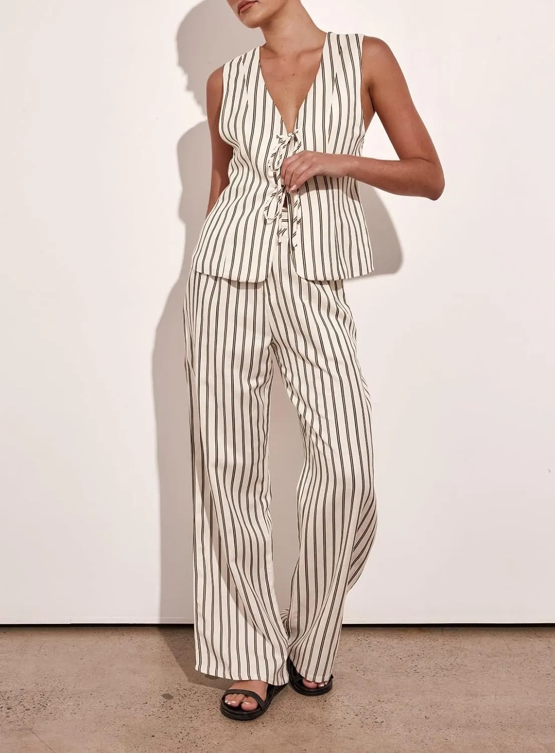Juakoso Women 2 Piece Tie Front Pants Set Y2k V Neck Sleeveless Vest High Waist Wide Leg Pants Striped Lounge Outfit