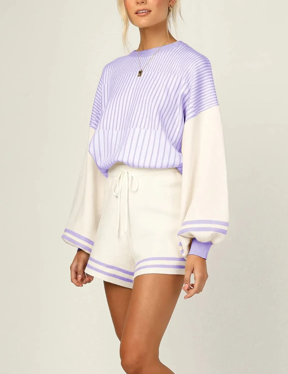 Kissonic Women's 2 Piece Outfits Knitted Striped Sweater Crewneck Pullover Tops Shorts Set with Drawstring