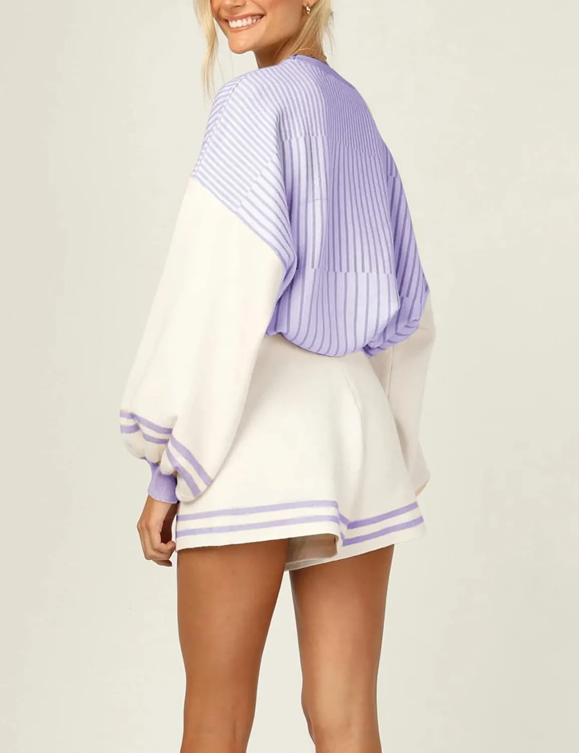 Kissonic Women's 2 Piece Outfits Knitted Striped Sweater Crewneck Pullover Tops Shorts Set with Drawstring