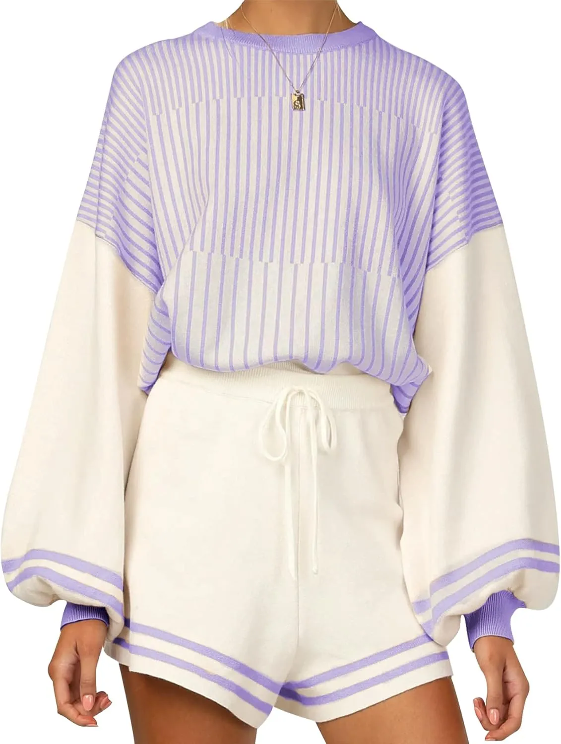 Kissonic Women's 2 Piece Outfits Knitted Striped Sweater Crewneck Pullover Tops Shorts Set with Drawstring