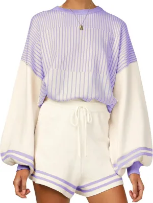 Kissonic Women's 2 Piece Outfits Knitted Striped Sweater Crewneck Pullover Tops Shorts Set with Drawstring