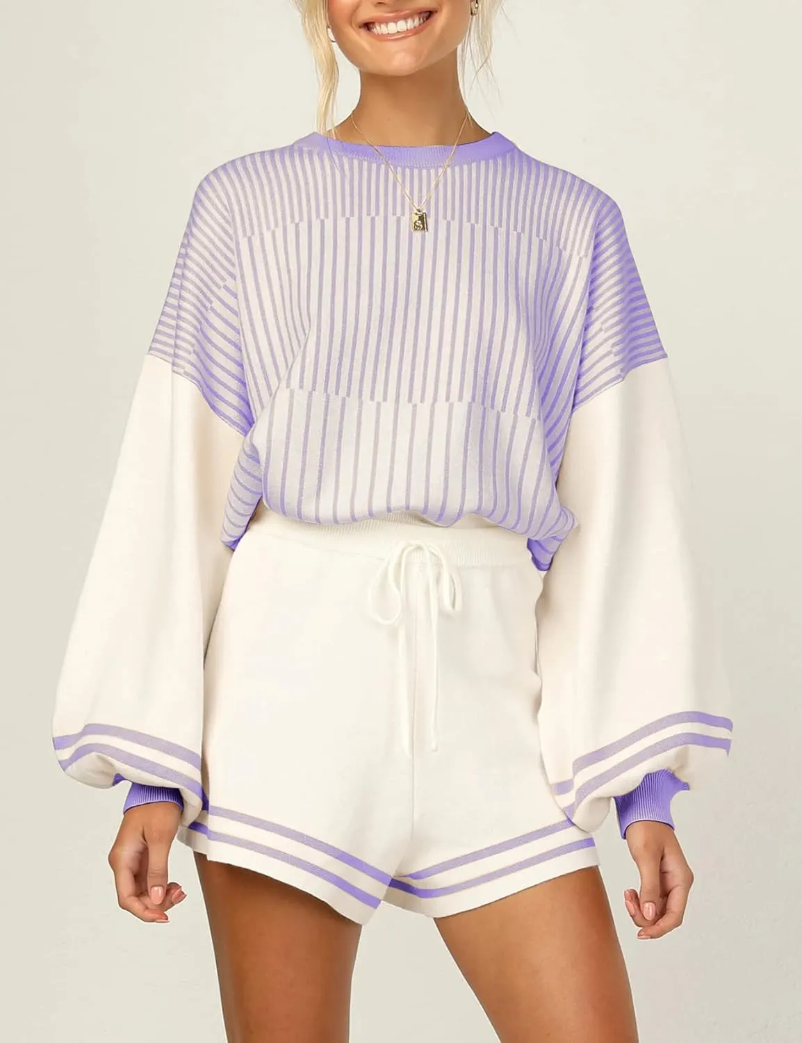 Kissonic Women's 2 Piece Outfits Knitted Striped Sweater Crewneck Pullover Tops Shorts Set with Drawstring