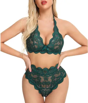 Lace Bralettes Panty Set for Women Unlined Halter Bra Soft Brief See Through Underwear 2 Piece Sexy Lingerie Sets Green