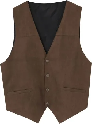 LCMTWX Running Vest For Men Suede Retro V Neck Solid Color Pocket Button Leather Vest Jacket Vest Red Vest For Men De