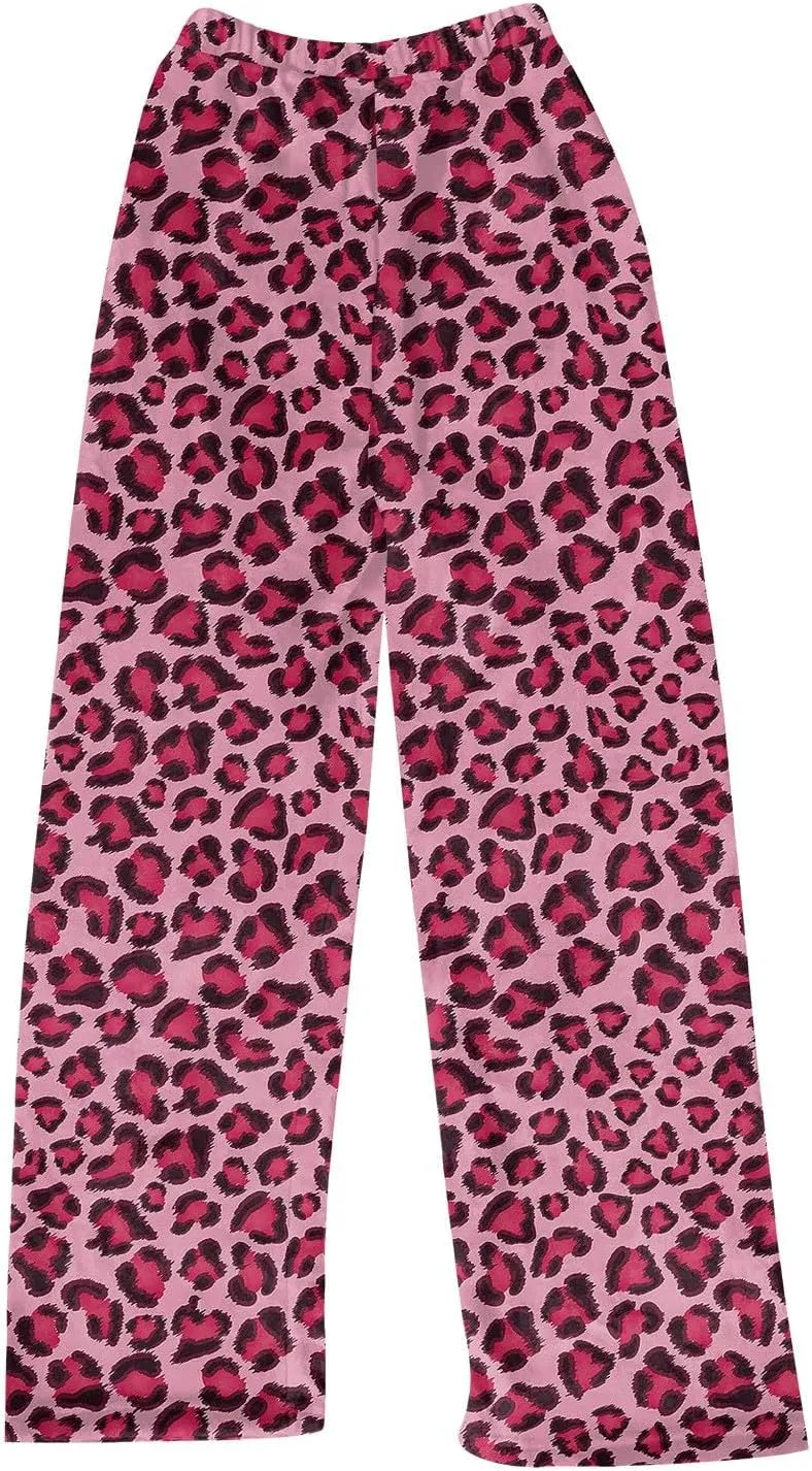 Leopard Print Baggy Fuzzy Plush Pajama Bottoms Pants for Women High Waisted Casual Lounge Trousers with Pockets