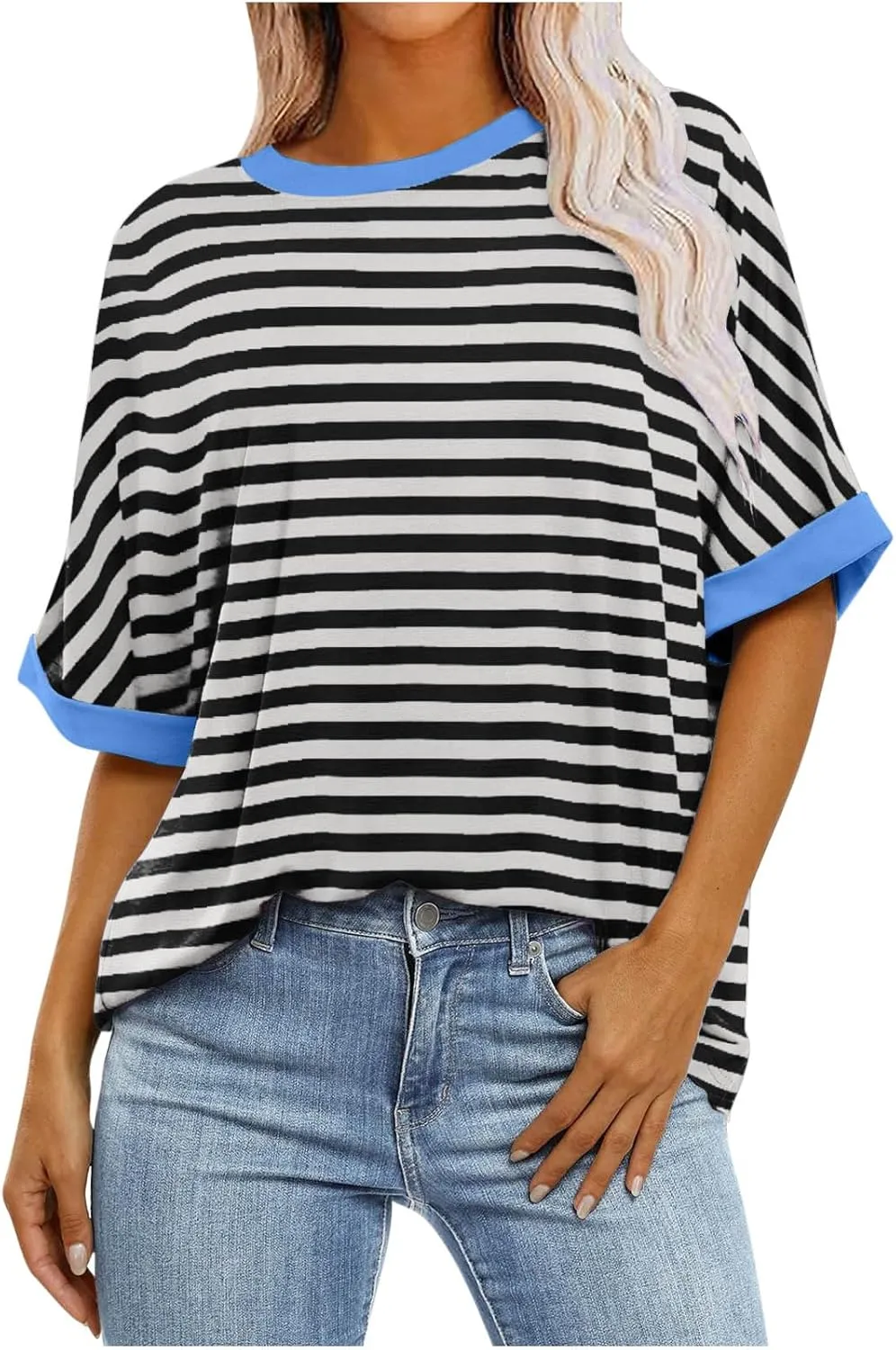 LFEOOST Oversized Tshirts for Women 2024 Casual Short Sleeve Crewneck Summer Y2k Tops Striped Loose Basic Tee Shirts Blouses