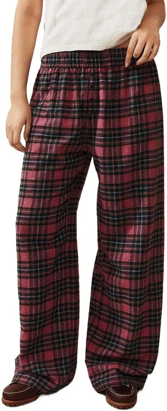 LifeShe Women Tartan Plaid Print Pants Elastic Waisted Straight Leg Christmas Pants Casual Baggy Trousers