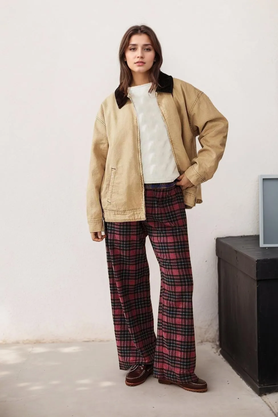 LifeShe Women Tartan Plaid Print Pants Elastic Waisted Straight Leg Christmas Pants Casual Baggy Trousers