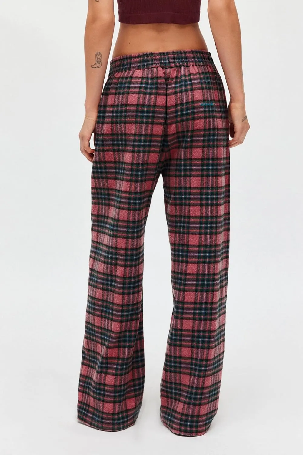 LifeShe Women Tartan Plaid Print Pants Elastic Waisted Straight Leg Christmas Pants Casual Baggy Trousers