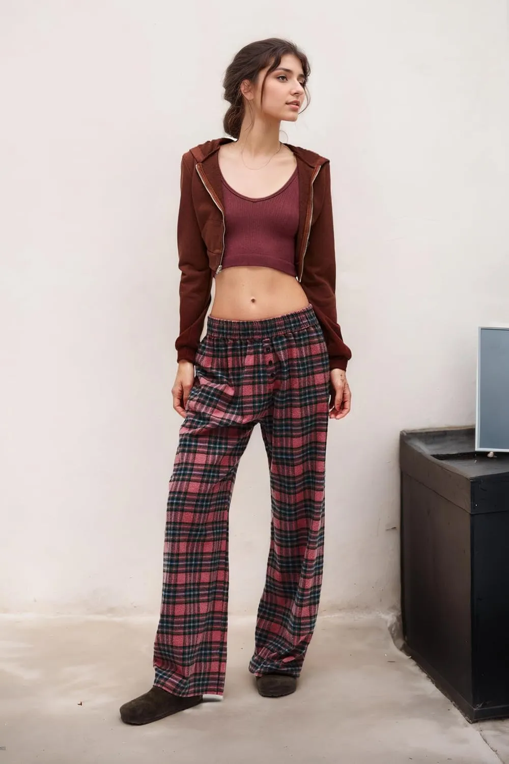 LifeShe Women Tartan Plaid Print Pants Elastic Waisted Straight Leg Christmas Pants Casual Baggy Trousers