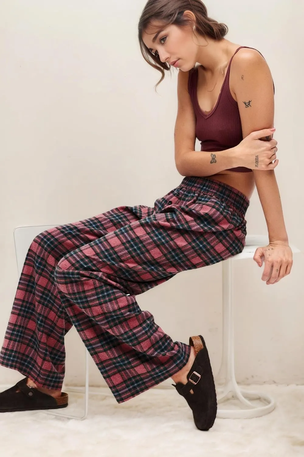 LifeShe Women Tartan Plaid Print Pants Elastic Waisted Straight Leg Christmas Pants Casual Baggy Trousers