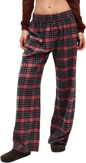 LifeShe Women Tartan Plaid Print Pants Elastic Waisted Straight Leg Christmas Pants Casual Baggy Trousers