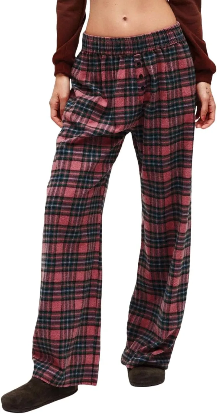 LifeShe Women Tartan Plaid Print Pants Elastic Waisted Straight Leg Christmas Pants Casual Baggy Trousers