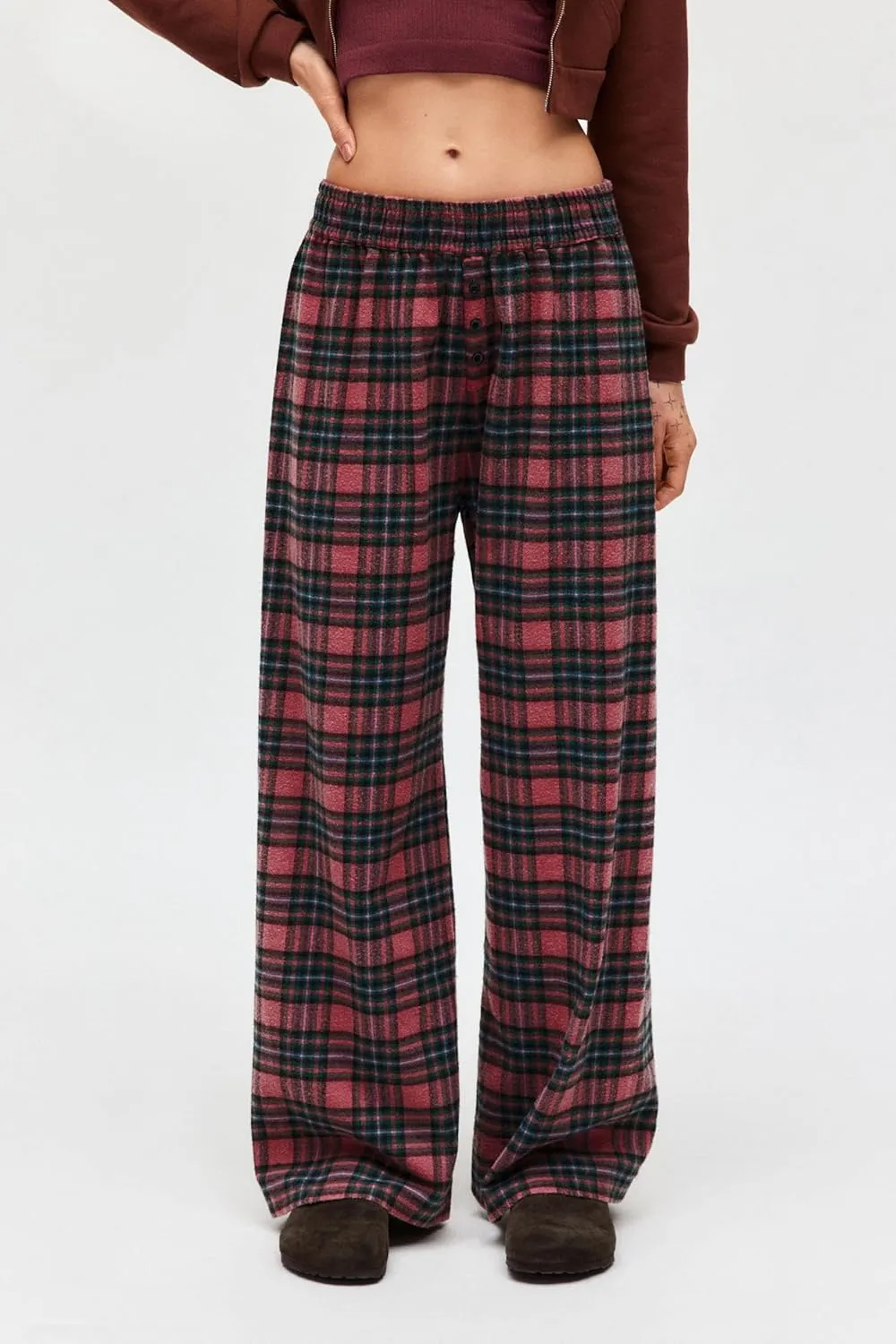 LifeShe Women Tartan Plaid Print Pants Elastic Waisted Straight Leg Christmas Pants Casual Baggy Trousers