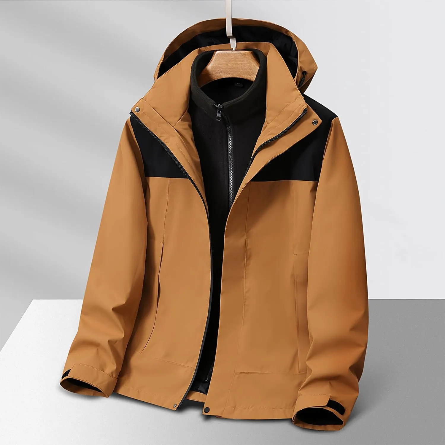 Lightweight Rain Jacket Men Full-Zip Winter Jacket Waterproof Hooded Fleece Athletic Jacket, Outdoor Windproof Jacket