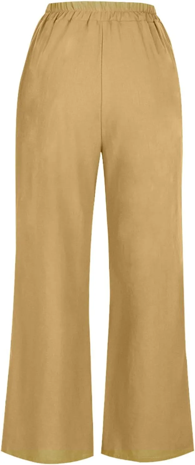 Linen Capri Pants for Women Plus Size Elastic Waist Pants Baggy Wide Leg Pants Summer Lounge Pants Loose Fit Joggers