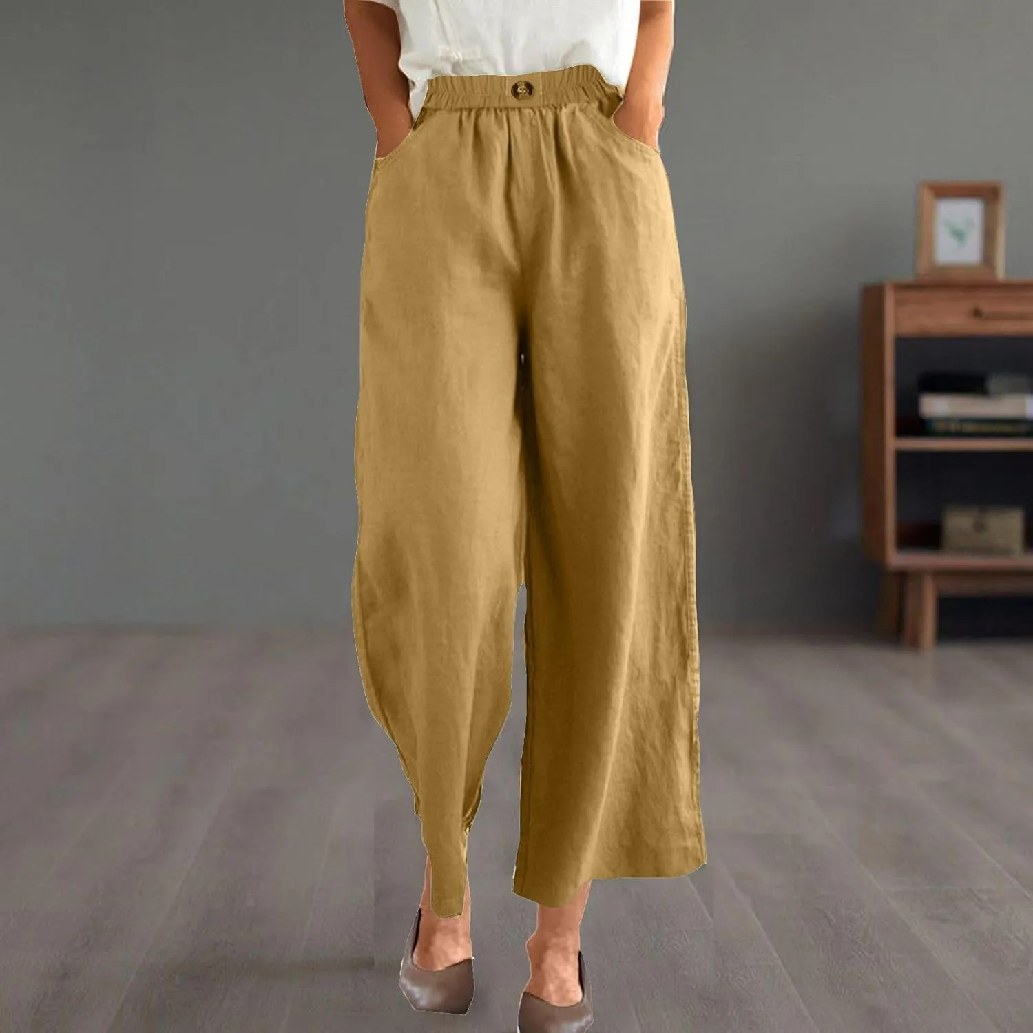 Linen Capri Pants for Women Plus Size Elastic Waist Pants Baggy Wide Leg Pants Summer Lounge Pants Loose Fit Joggers