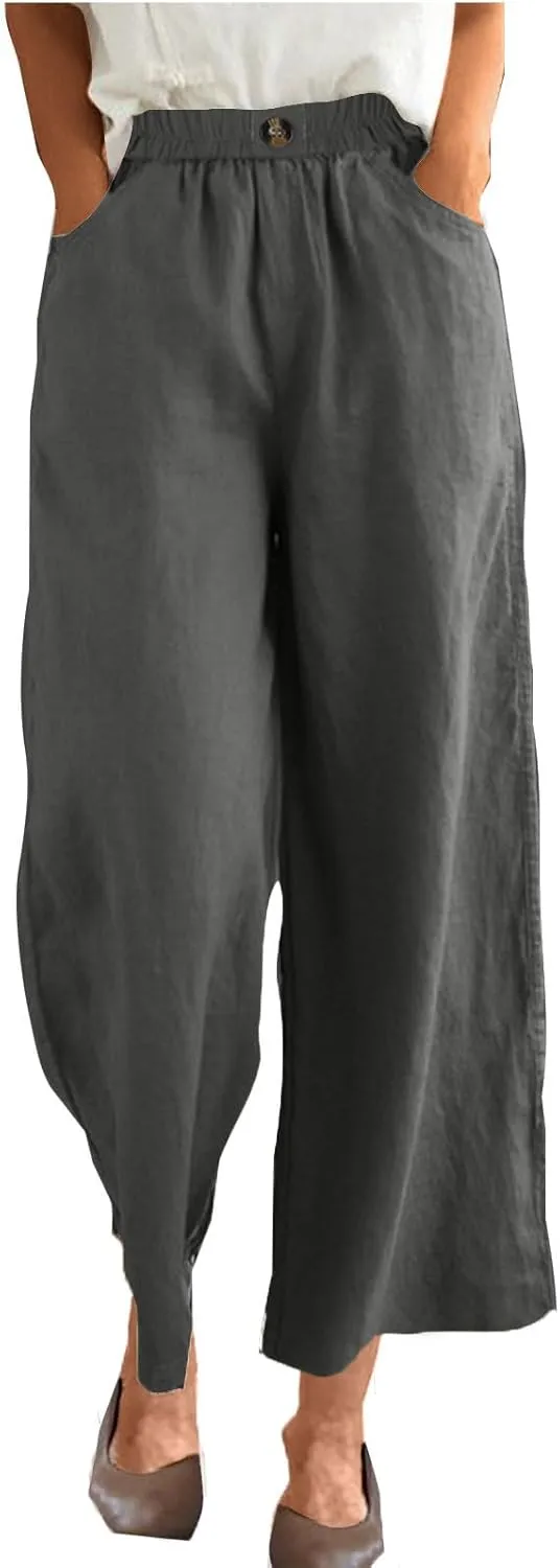 Linen Capri Pants for Women Plus Size Elastic Waist Pants Baggy Wide Leg Pants Summer Lounge Pants Loose Fit Joggers