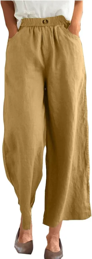 Linen Capri Pants for Women Plus Size Elastic Waist Pants Baggy Wide Leg Pants Summer Lounge Pants Loose Fit Joggers
