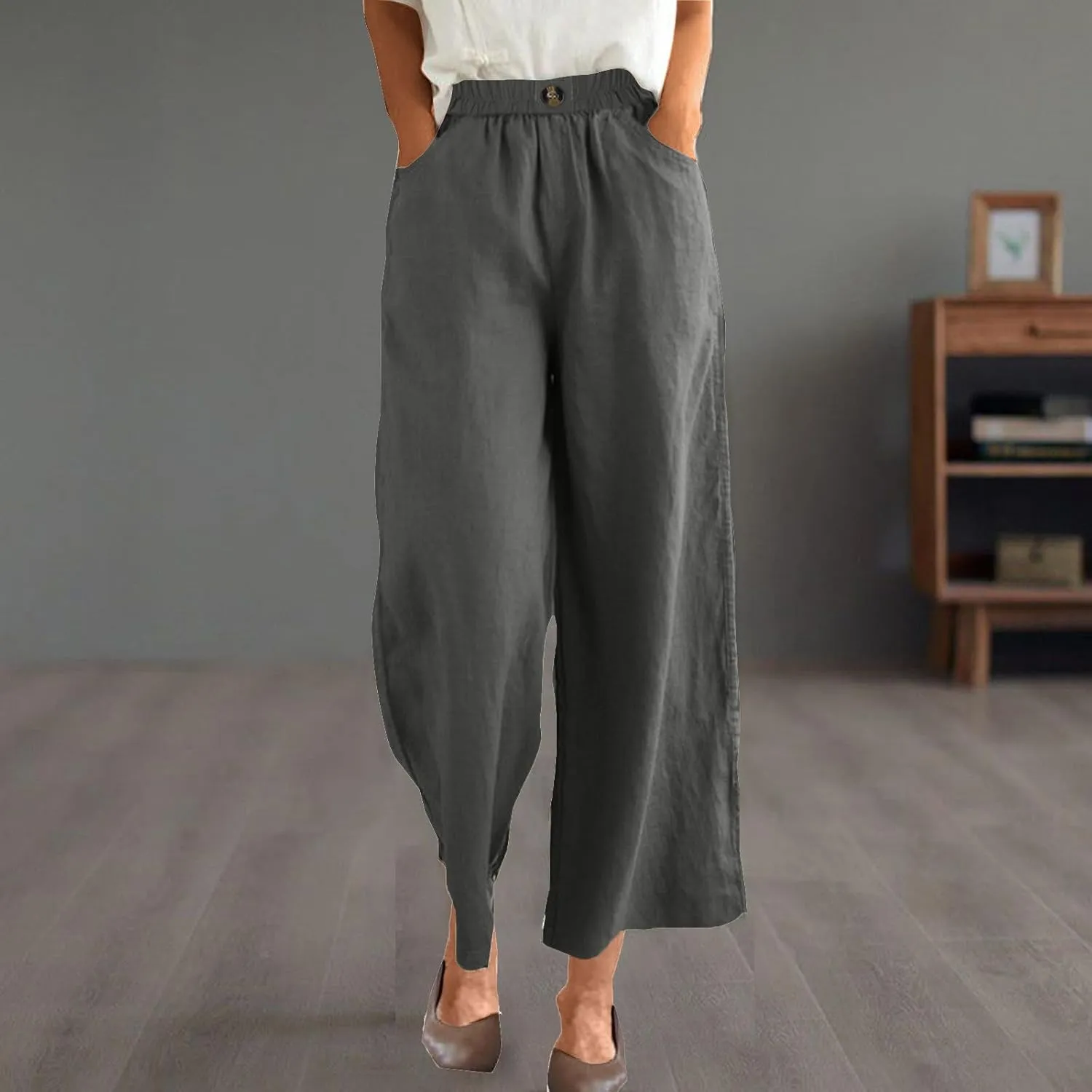 Linen Capri Pants for Women Plus Size Elastic Waist Pants Baggy Wide Leg Pants Summer Lounge Pants Loose Fit Joggers