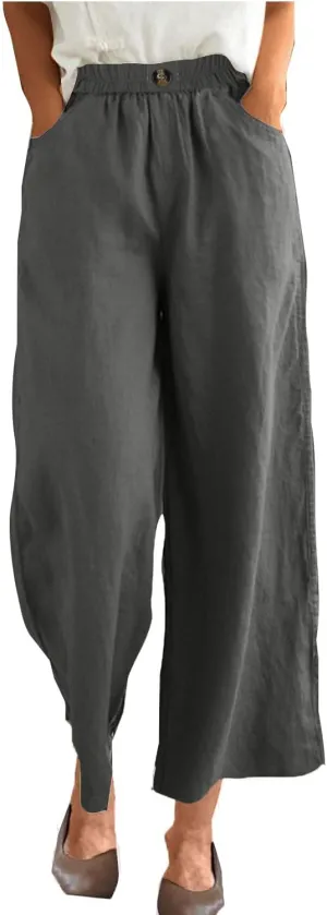 Linen Capri Pants for Women Plus Size Elastic Waist Pants Baggy Wide Leg Pants Summer Lounge Pants Loose Fit Joggers