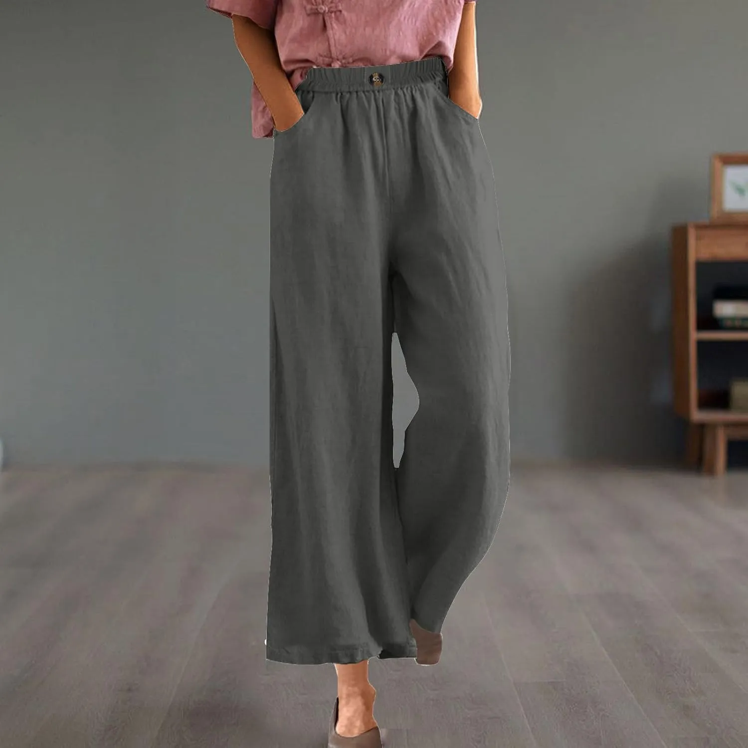 Linen Capri Pants for Women Plus Size Elastic Waist Pants Baggy Wide Leg Pants Summer Lounge Pants Loose Fit Joggers