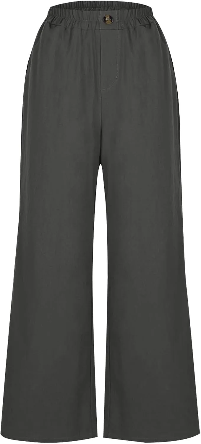 Linen Capri Pants for Women Plus Size Elastic Waist Pants Baggy Wide Leg Pants Summer Lounge Pants Loose Fit Joggers