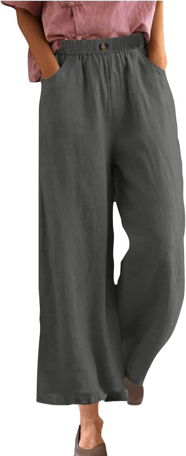 Linen Capri Pants for Women Plus Size Elastic Waist Pants Baggy Wide Leg Pants Summer Lounge Pants Loose Fit Joggers