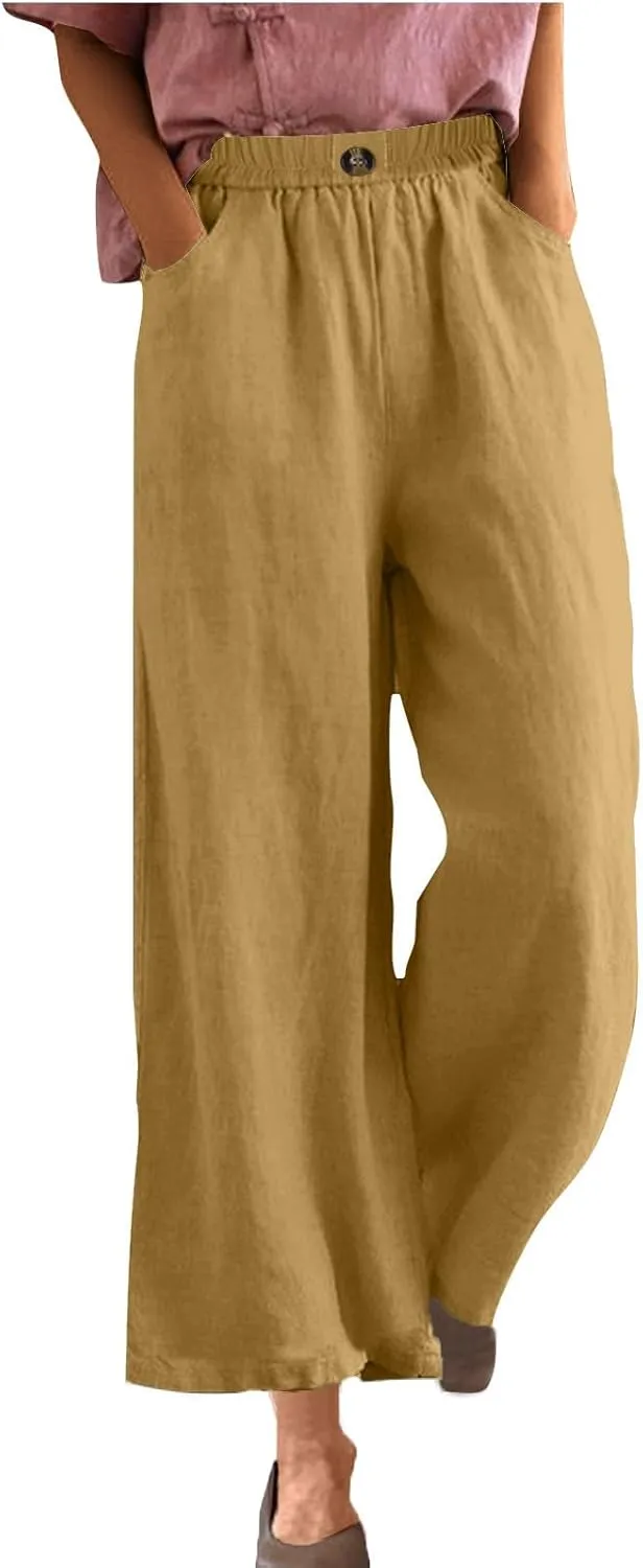 Linen Capri Pants for Women Plus Size Elastic Waist Pants Baggy Wide Leg Pants Summer Lounge Pants Loose Fit Joggers