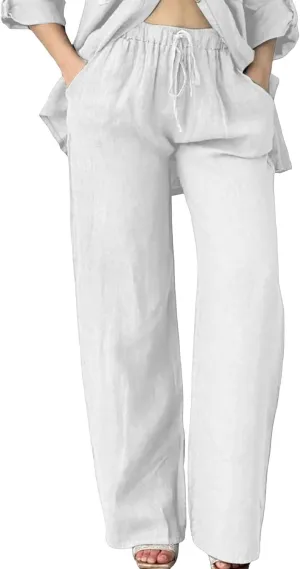 Linen Pants for Women 2025 Summer Wide Leg Pants with Pocket Boho Beach High Waist Drawstring Flowy Palazzo Trousers