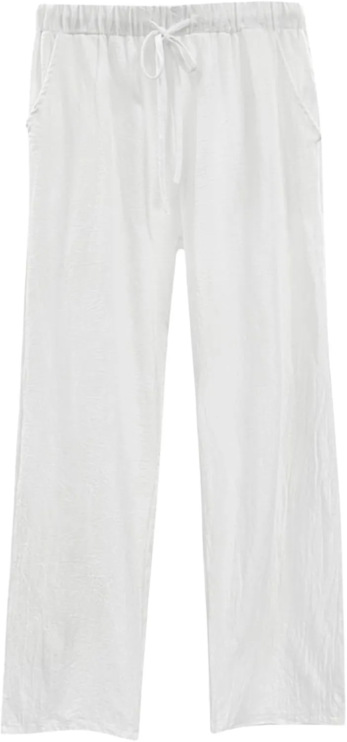 Linen Pants for Women 2025 Summer Wide Leg Pants with Pocket Boho Beach High Waist Drawstring Flowy Palazzo Trousers