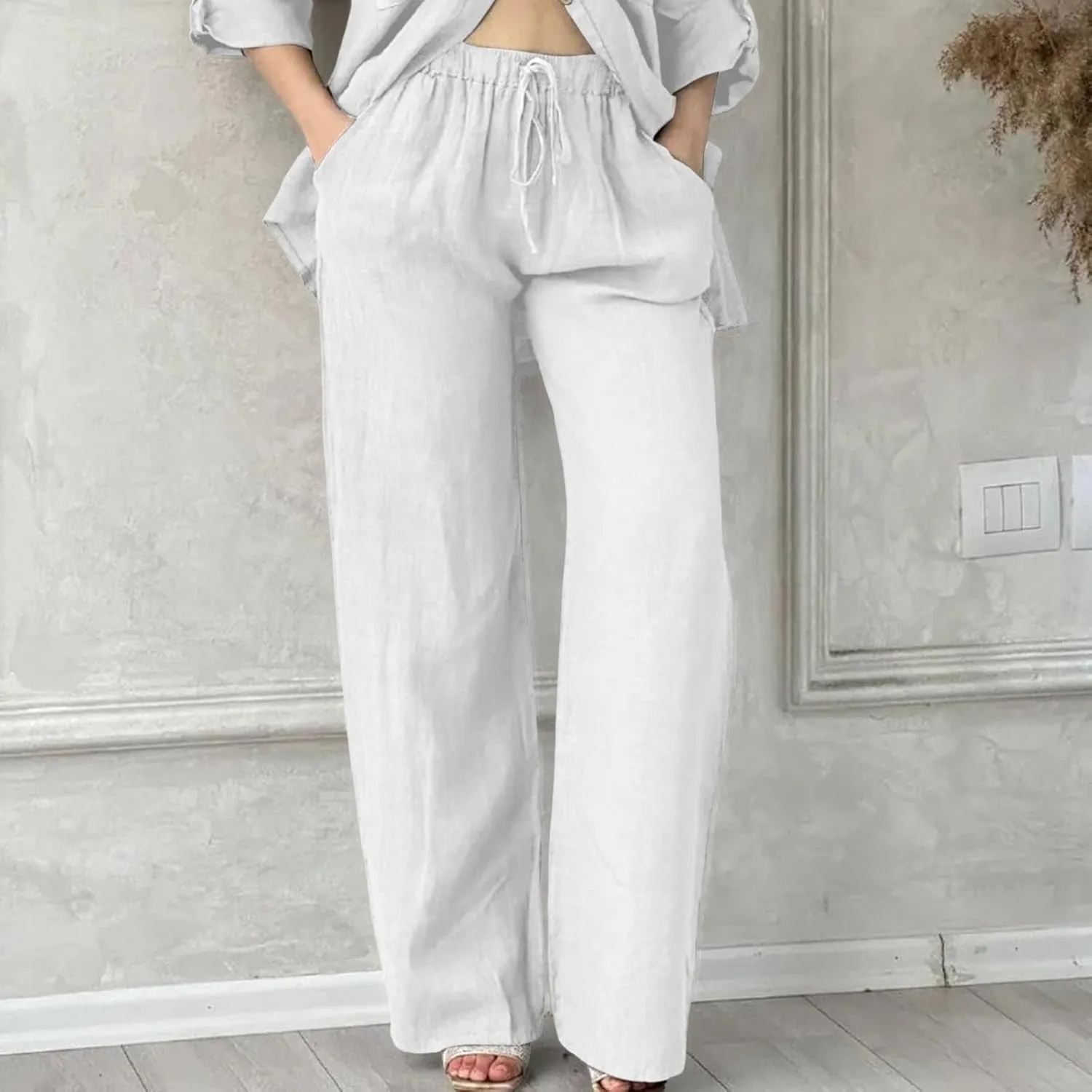 Linen Pants for Women 2025 Summer Wide Leg Pants with Pocket Boho Beach High Waist Drawstring Flowy Palazzo Trousers