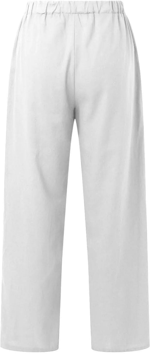 Linen Pants for Women 2025 Summer Wide Leg Pants with Pocket Boho Beach High Waist Drawstring Flowy Palazzo Trousers