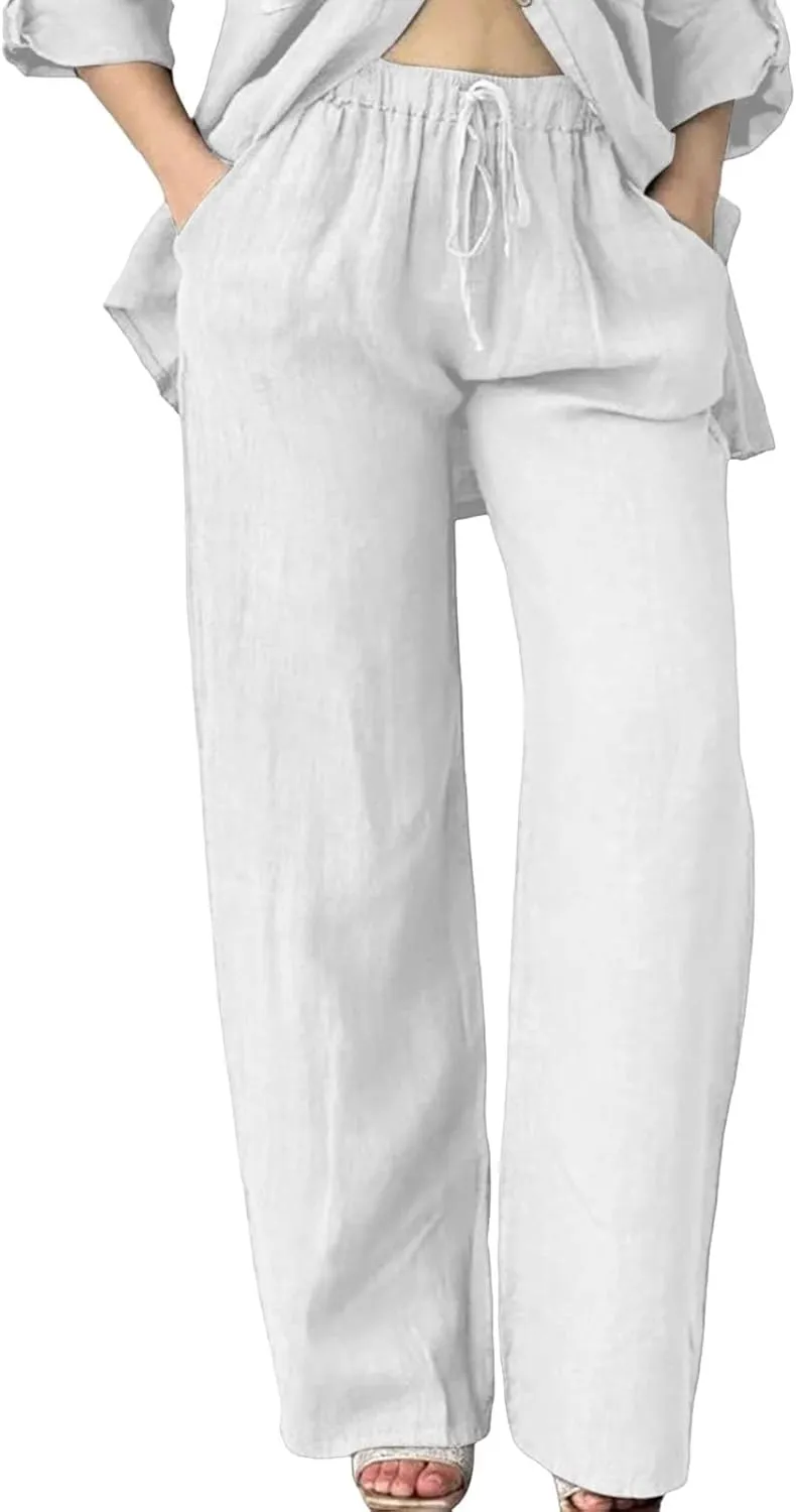 Linen Pants for Women 2025 Summer Wide Leg Pants with Pocket Boho Beach High Waist Drawstring Flowy Palazzo Trousers