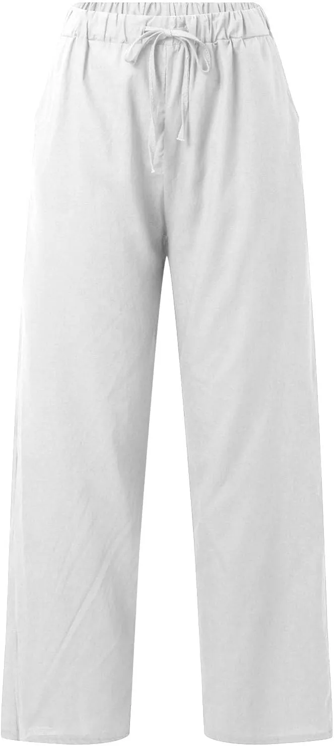 Linen Pants for Women 2025 Summer Wide Leg Pants with Pocket Boho Beach High Waist Drawstring Flowy Palazzo Trousers