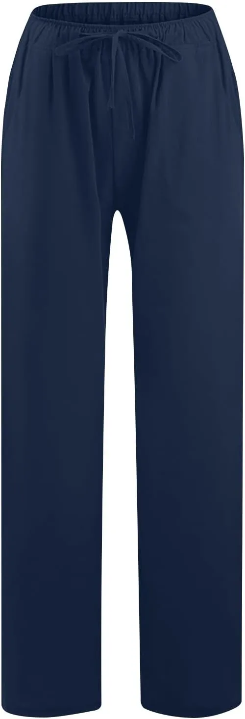 Linen Pants Women Causal Straight Leg Sweatpants Flowy Cotton Summer Pants Drawstring Baggy Trouser Pants with Pockets