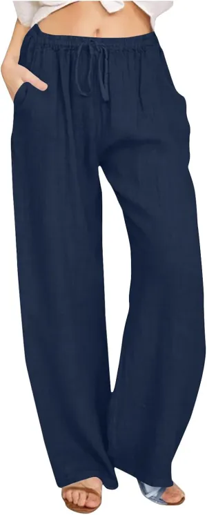 Linen Pants Women Causal Straight Leg Sweatpants Flowy Cotton Summer Pants Drawstring Baggy Trouser Pants with Pockets