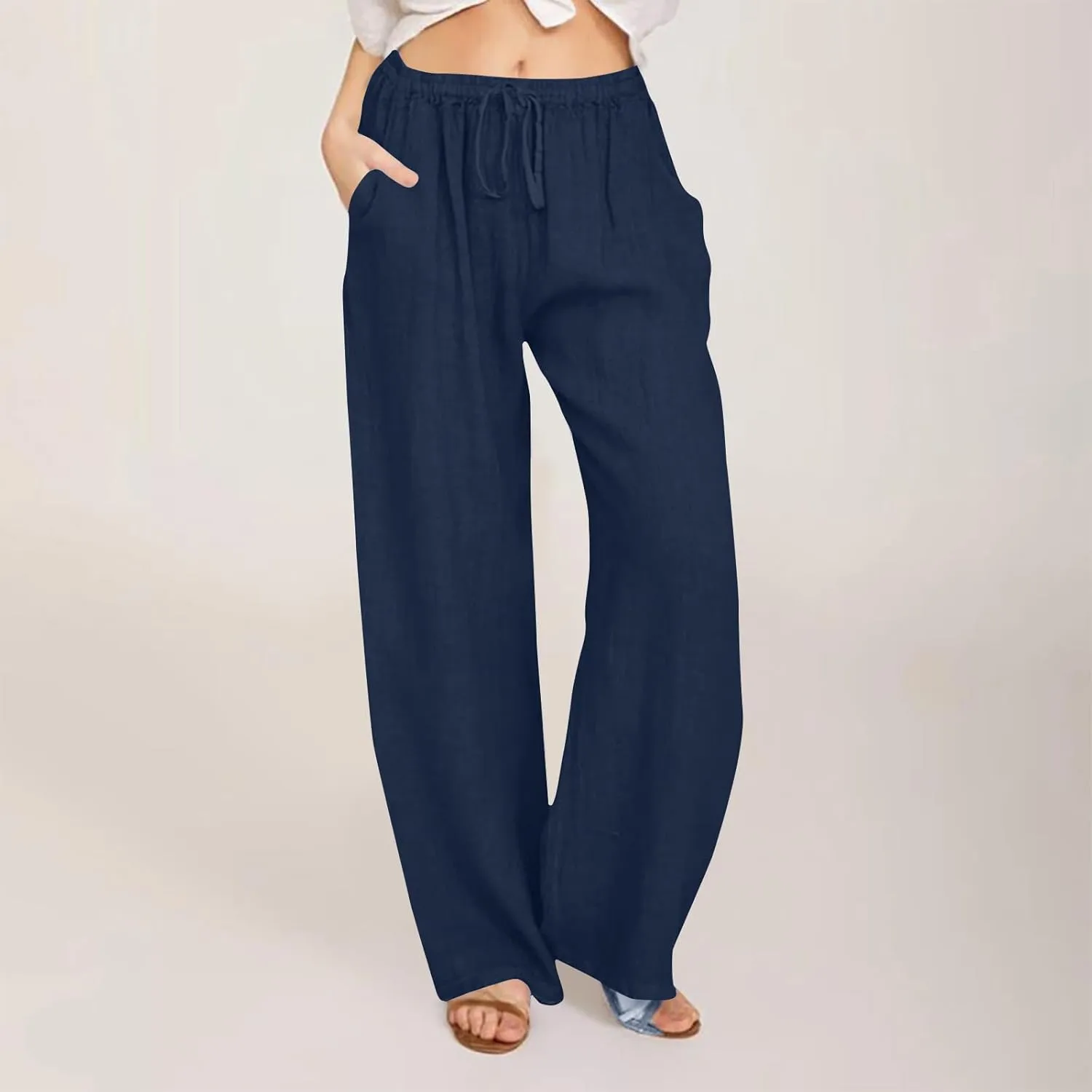 Linen Pants Women Causal Straight Leg Sweatpants Flowy Cotton Summer Pants Drawstring Baggy Trouser Pants with Pockets
