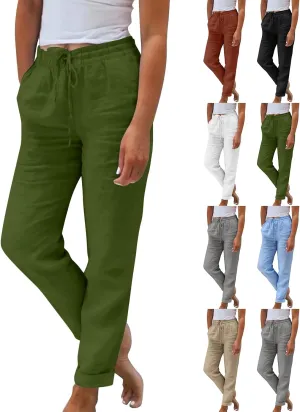 Linen Pants Women Comfy Elastic Waist Drawstring Cotton Pants Lightweight Tapered Lounge Vacation Beach Pants