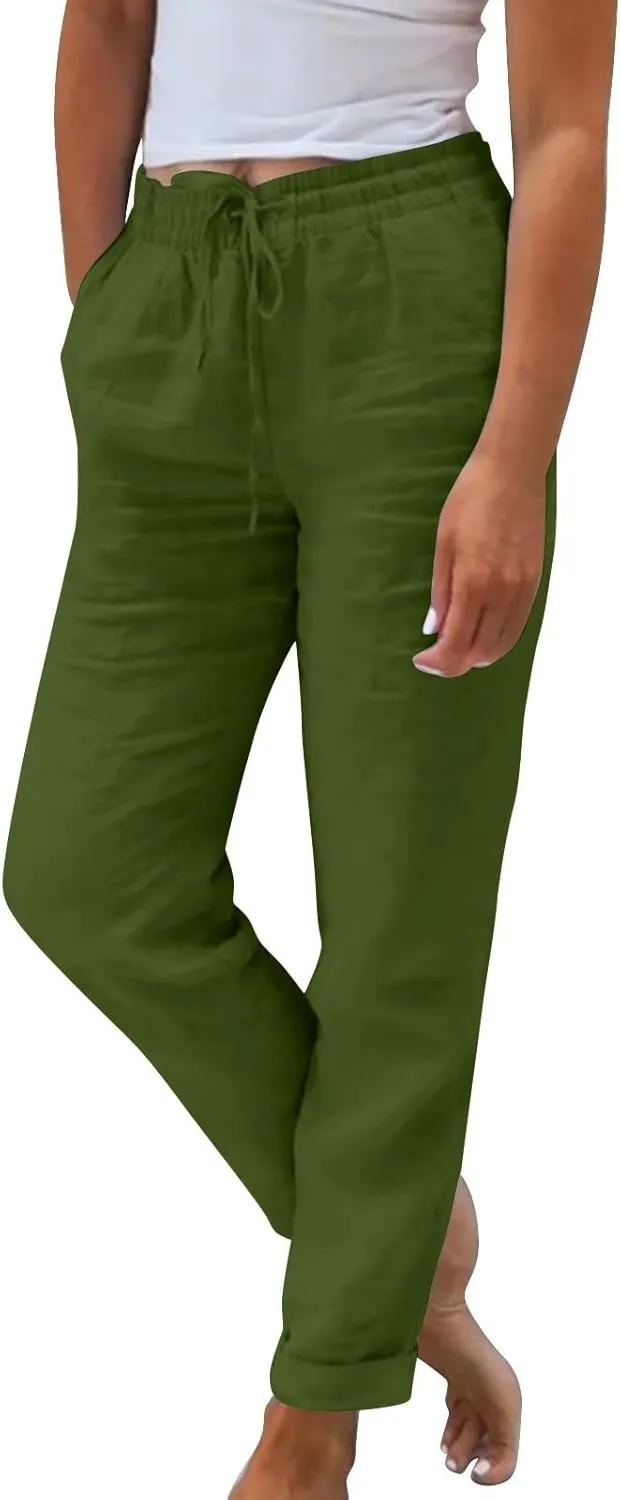 Linen Pants Women Comfy Elastic Waist Drawstring Cotton Pants Lightweight Tapered Lounge Vacation Beach Pants