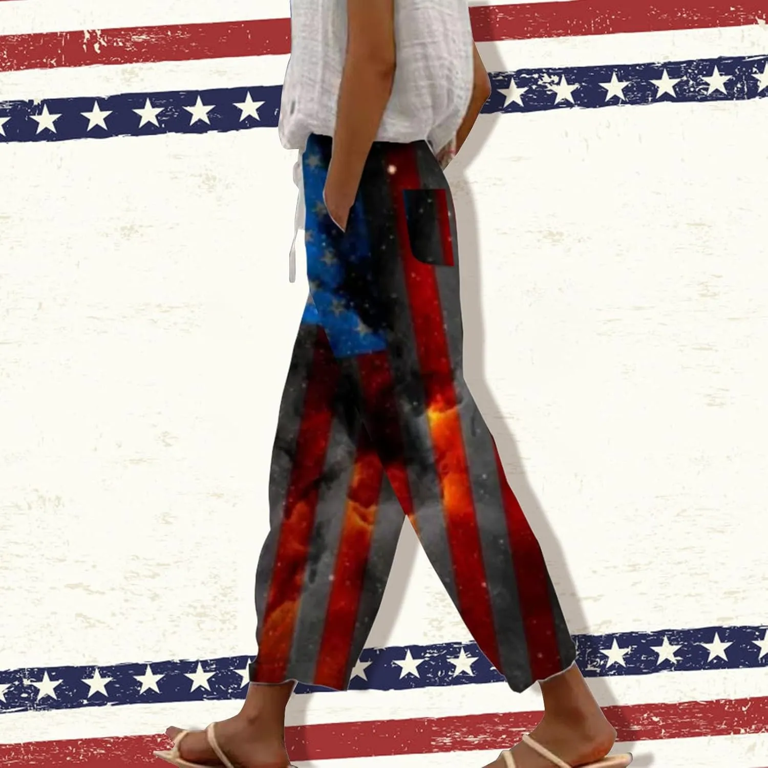 Linen Pants Women Petite Short Sleeve Independence Day American Flag Print Family Print Pants Pants for Women 2024