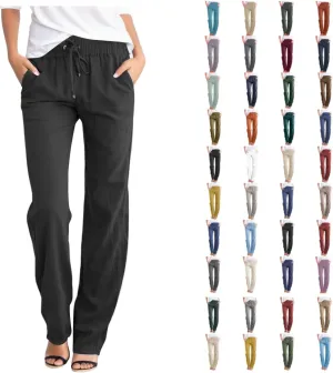 Linen Pants Women Summer Drawstring High Waisted Pants Casual Loose Fit Wide Leg Comfy Palazzo Trousers with Pocket