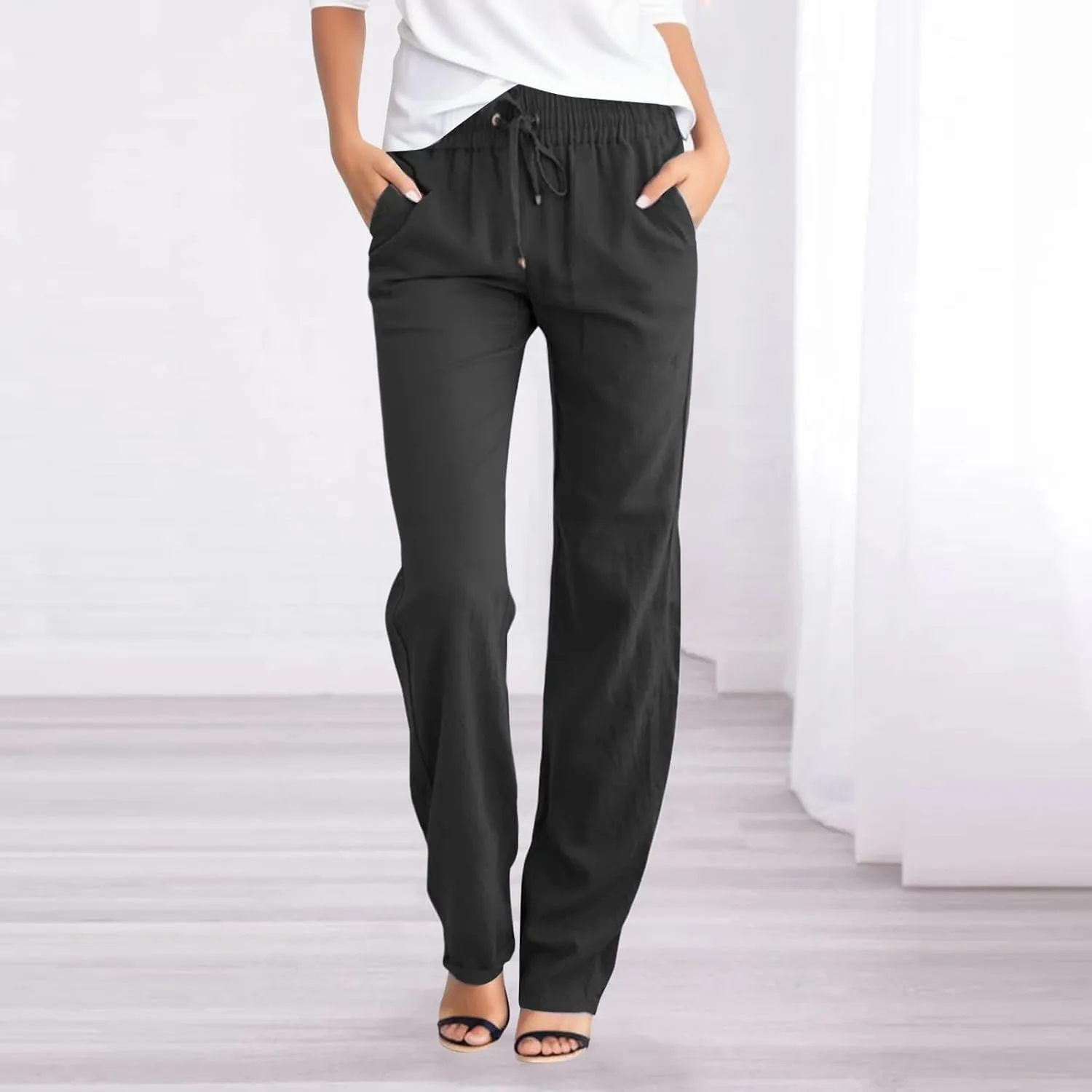 Linen Pants Women Summer Drawstring High Waisted Pants Casual Loose Fit Wide Leg Comfy Palazzo Trousers with Pocket