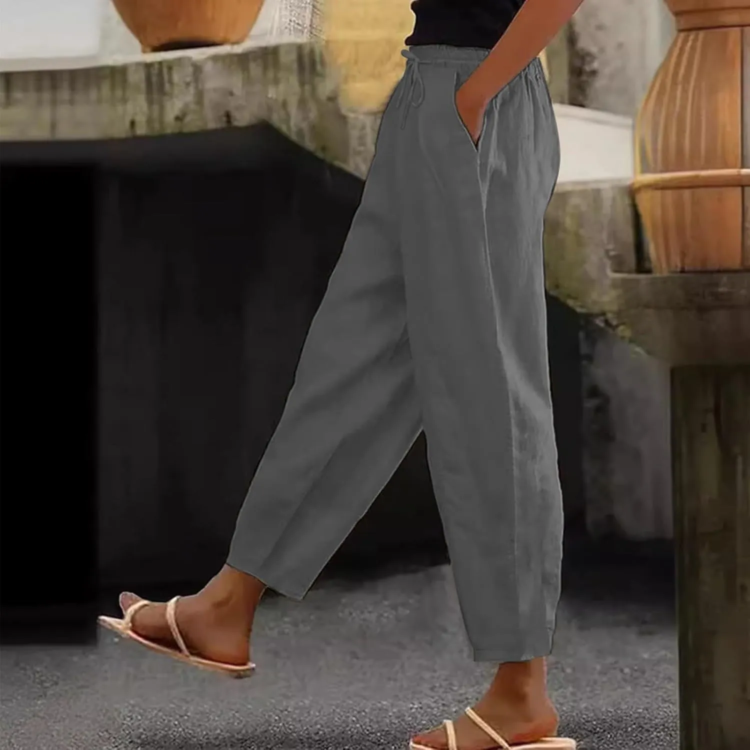 Linen Pants Women Summer Straight Leg High Elastic Waist Trousers with Pockets Drawstring Palazzo Pants