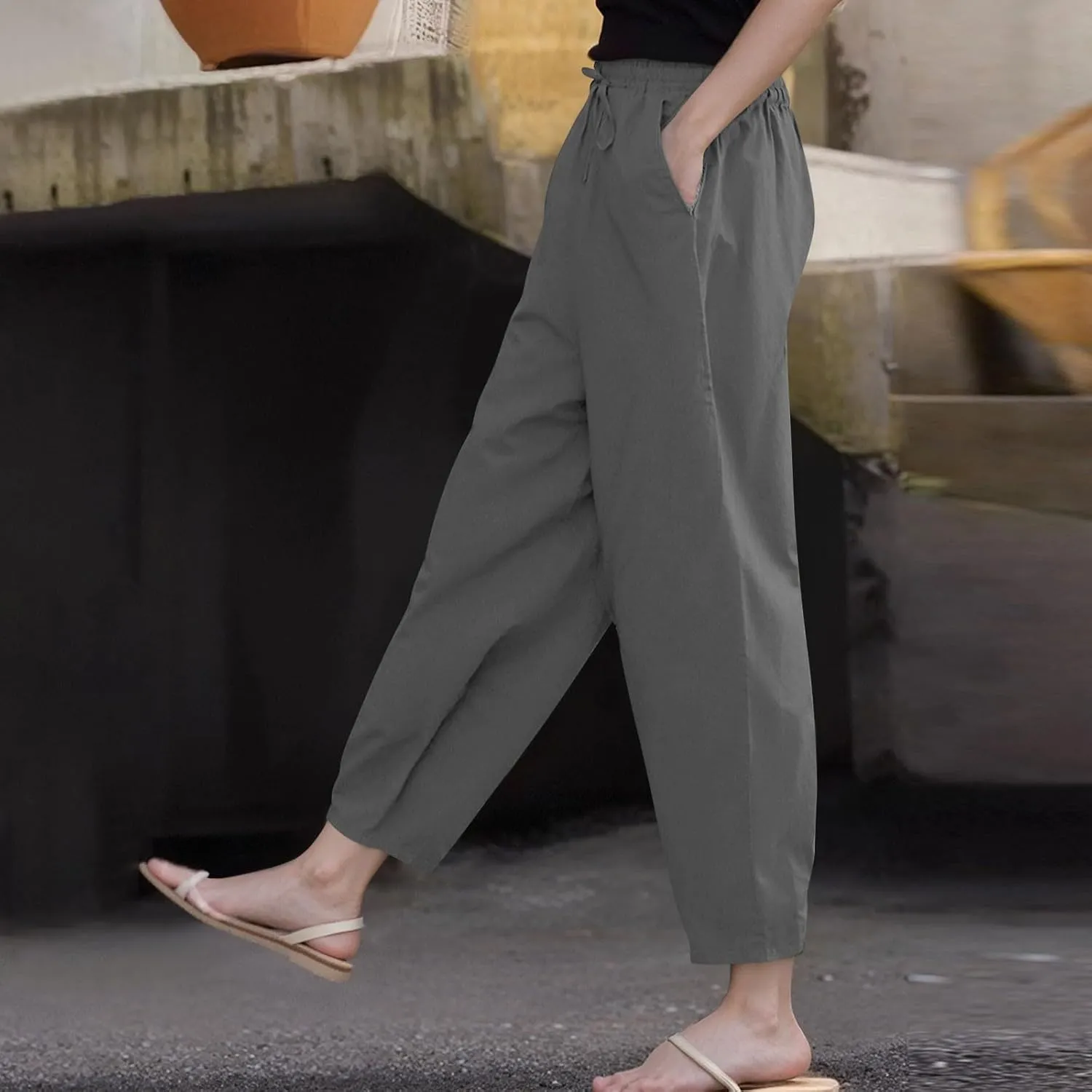 Linen Pants Women Summer Straight Leg High Elastic Waist Trousers with Pockets Drawstring Palazzo Pants