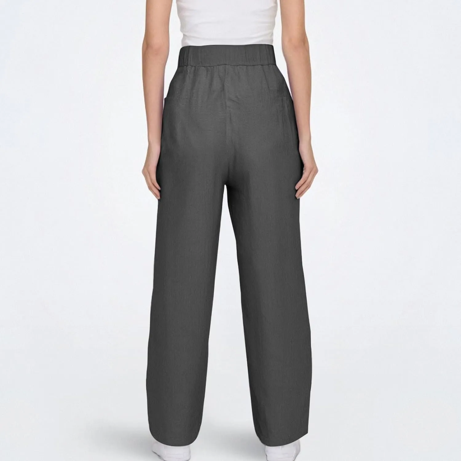 Linen Pants Women Summer Straight Leg High Elastic Waist Trousers with Pockets Drawstring Palazzo Pants